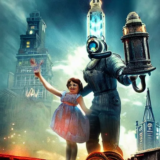 Prompt: movie poster for a live action bioshock movie featuring a big daddy and little sister with the underwater city of rapture in the background
