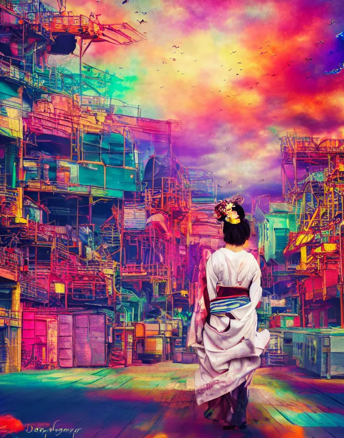 Prompt: semi semi realistic digital painting!! beautiful geisha flying over a colorful train yard, dramatic, xray melting colors!! long lens, shallow depth of field, bokeh, 8 k, 3 5 mm film grain