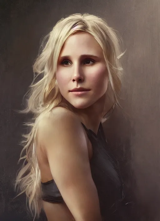 Image similar to beautiful portrait ofkristen bell, soft features, by magali villeneuve and greg rutkowski and artgerm and alphonse mucha and jeremy lipkin and michael garmash and rob hay, intricate, elegant, highly detailed, photorealistic, trending on artstation, trending on cgsociety, 8 k, sharp focus