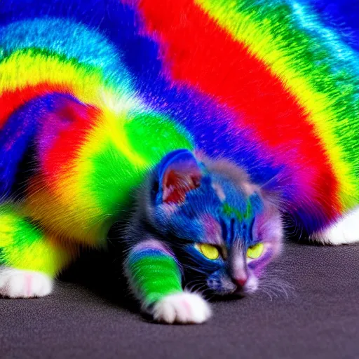 Image similar to retarded rainbow kitten! laying on it ‘ s back showing it ‘ s fluffy belly while looking at the camera!, photorealistic, anatomically correct, sharp focus, 4 k, beautiful,