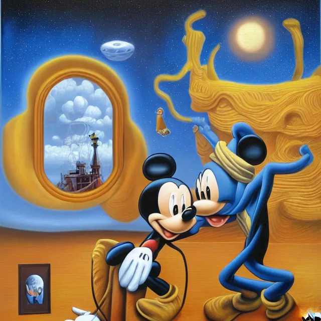 Image similar to an oil on canvas portrait painting of mickey mouse and trump, surrealism, surrealist, cosmic horror, rob gonsalves, high detail