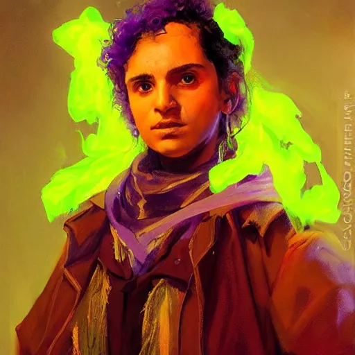 Image similar to an oil art portrait of young roma mage with purple neon magic in style of disco elysium character, paladin character design from d & d, art by anders zorn, wonderful masterpiece by greg rutkowski, beautiful cinematic light, american romanticism by greg manchess, jessica rossier