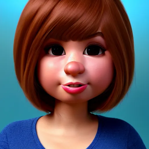 Image similar to A portrait of a plump woman, a cute 3d cgi toon woman with brown hair in a Bob, brown eyes, full face, olive skin, romanian heritage, medium shot, mid-shot, hyperdetailed, 8k, trending on artstation, as a Pixar character