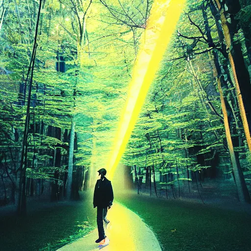 Image similar to 1 9 9 0 s candid 3 5 mm photo of a beautiful forest in tokyo, cinematic lighting, cinematic look, golden hour, the clouds are epic and colorful with cinematic rays of light, a man walks down the center of the forest with a beanie on, photographed by petra collins, uhd