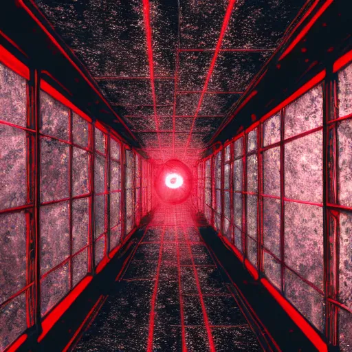 Prompt: dark matter red art house future alone man going limbo hipper octane reflection in the mirror room schizophrenia and stratification of consciousness mind man full HD 8K resolution