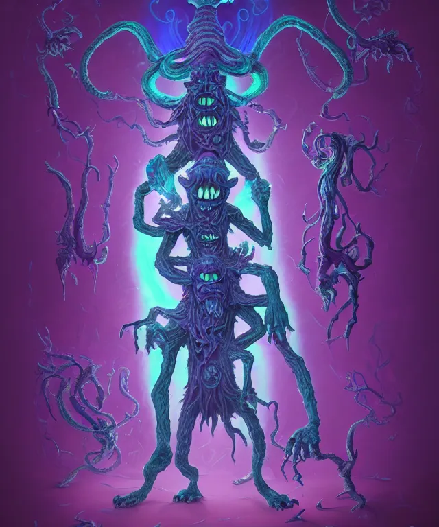 Image similar to a two headed xanathar made of bioluminescence in the art style of monsters inc, crisp 8 k line art, digital painting, artstation, unreal engine, octane render, emissive lighting, concept art, matte, sharp focus, hyper realistic lighting, illustration, deep royal blue and pink color scheme, art by alex grey