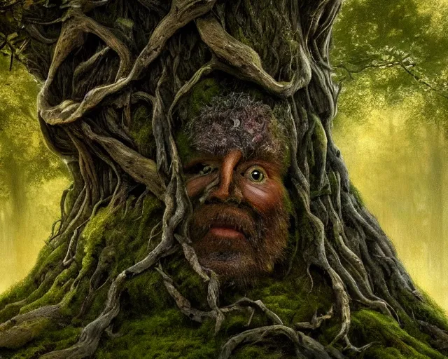 Prompt: a talking oak tree, a face in the bark, nose made of wood, eyes in the bark, mouth in the bark, fantasy concept art, leaves and moss, digital painting, oil painting, hyperrealistic, treebeard, ent, highly detailed, golden sunlight, very detailed eyes, artstation, cgsociety, in the forest, by alan lee, by artgerm