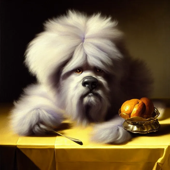 Image similar to still life painting of a beautiful cute purple hairy monster by pieter claesz, oil on canvas, strong lighting, highly detailed, hyper realism, golden hour, god rays, hd, 4 k