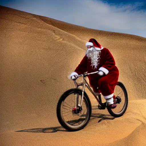 Image similar to Santa claus riding a mountain bike, madmax, desert, hills