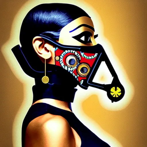 Image similar to a profile photo of egyptian woman with a diving mask with clockwork details :: side profile :: in ocean :: guns and bullets :: gold and petals pattern :: blood and horror :: by marvel and Sandra Chevrier