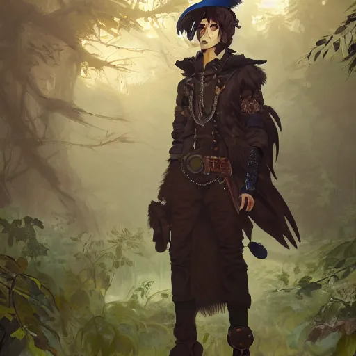 Image similar to concept art painting of a person with a head of a crow, with steampunk clothes, in the deep forest, realistic, detailed, cel shaded, in the style of makoto shinkai and greg rutkowski and james gurney