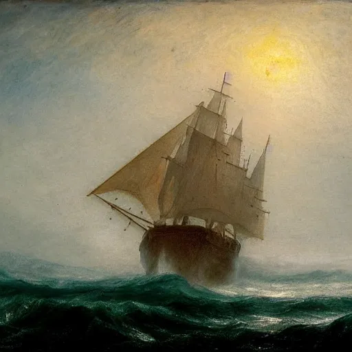 Prompt: a sailing ship in the wild sea, in the style of caspar david friedrich, william turner.