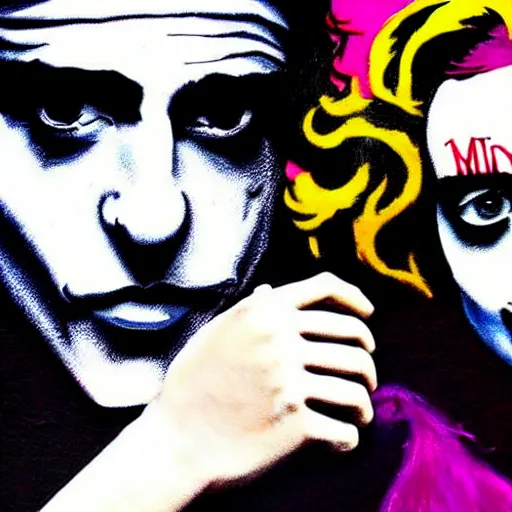 Prompt: mimmo rottela and banksy as joaquin phoenix skinny joker holding hand lady gaga harley queen, ultra photorealistic, intricate details, pop art style, baroque, hyperdetailed, concept art, ultrarealistic, 3 colors, smooth, sharp focus