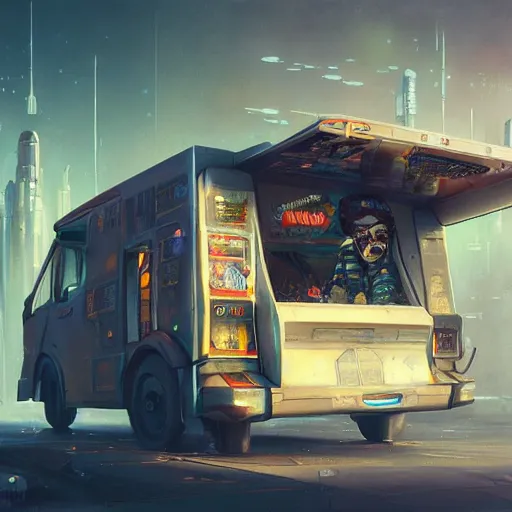 Image similar to a cyberpunk ice cream truck, black velvet painting, artwork by Greg Rutkowski, John Berkey, Alexander Jansson, Kuvshinov, WLOP, Artgerm, trending on ArtStationHD. octane render, greg rutkowski, hyper realism, high detail, octane render, vervia, 8k