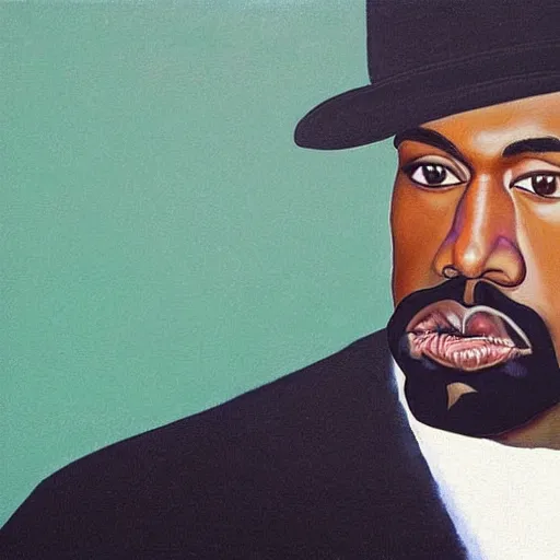 Image similar to very detailed portrait of kanye west. painted by rene magritte, 1 9 2 7. oil on canvas.