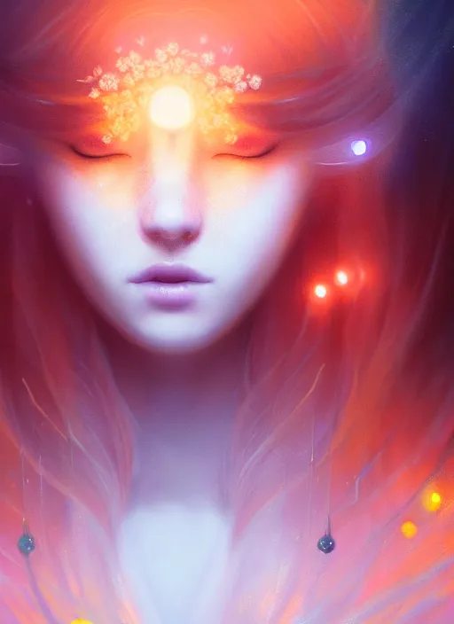 Image similar to a beautiful majestic young white queen with flowers on her orange hair, glowing light orbs, intricate concept art, elegant, digital painting, smooth, sharp focus, ethereal mist, deep colors, illuminated lines, outrun, vaporware, dark background, cyberpunk darksynth, ethereal, ominous, misty, 8 k, rendered in octane, by ruan jia and miho hirano