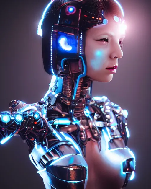 Prompt: portrait photo of female dancer as a cyberpunk mecha humanoid robotic head shoulder parts with straight bright led lights, under heavy rain, ultra - realistic and detailed, hdr 8 k