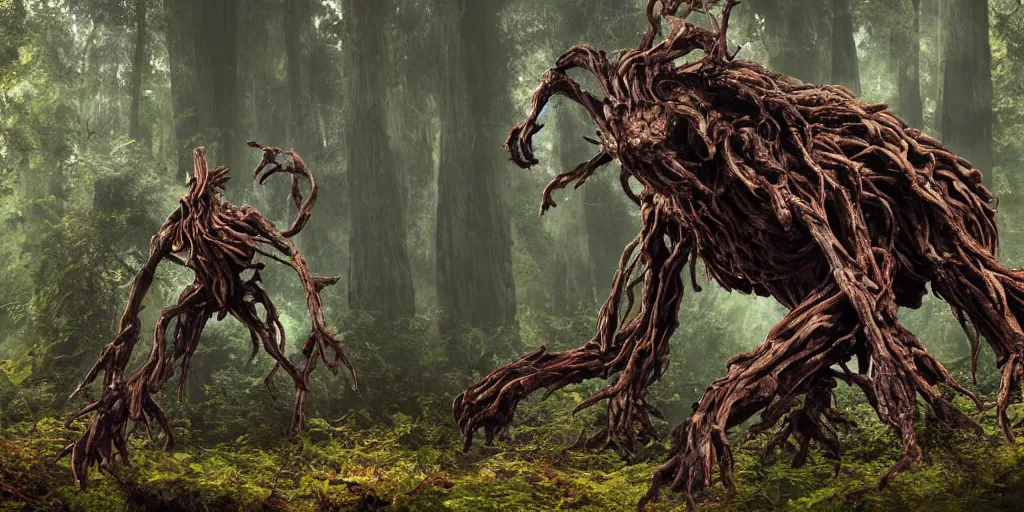 Prompt: withering injured hurting humanoid giant - treant creature made from gnarly thick branches and dark leaves, dying, dark leaves, ent treant dryad, in a redwood forest, oak, thick : : dark dying leaves : : realistic, highly detailed matte painting
