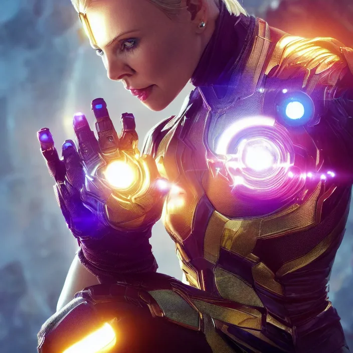 Image similar to (((The Infinity Gauntlet))), Charlize Theron, intricate artwork. octane render, trending on artstation, very coherent symmetrical artwork. avengers. thanos. cinematic, hyper realism, high detail, octane render, 8k, iridescent accents