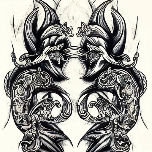 Prompt: aesthetic tattoo design of a pair of twin flames by ed hardy