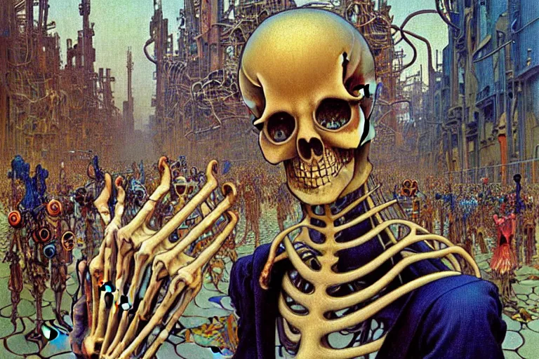 Image similar to realistic detailed portrait painting of a skeleton in a crowded futuristic street by Jean Delville, Amano, Yves Tanguy, Alphonse Mucha, Ernst Haeckel, Edward Robert Hughes, Roger Dean, rich moody colours, blue eyes