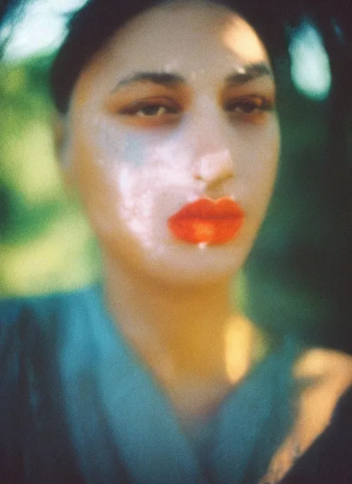 Image similar to close-up, color film photography, portrait of woman with vitiligo, in style of nan goldin, soft focus, golden hour, soft light, 35mm, film photo