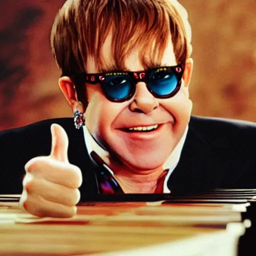 Image similar to thumbs up from Elton John, insane detailed photorealistic photo,