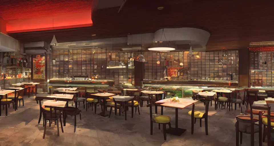 Prompt: a beautiful painting of a sushi resturant, gigantic, octane render, brilliantly coloured, intricate, ultra wide angle, trending on artstation, dusk, volumetric lighting, polished, micro details, ray tracing, 8k