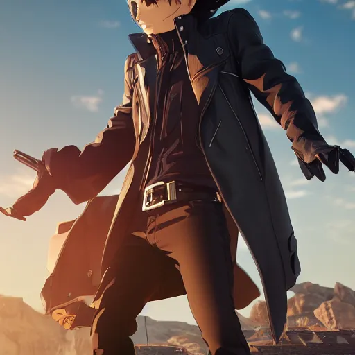 Prompt: an epic anime of a man energy, leather jacket, leather gloves, ghibli, unreal 5, octane render, rpg portrait, dynamic lighting, epic, epic anime, 2 d