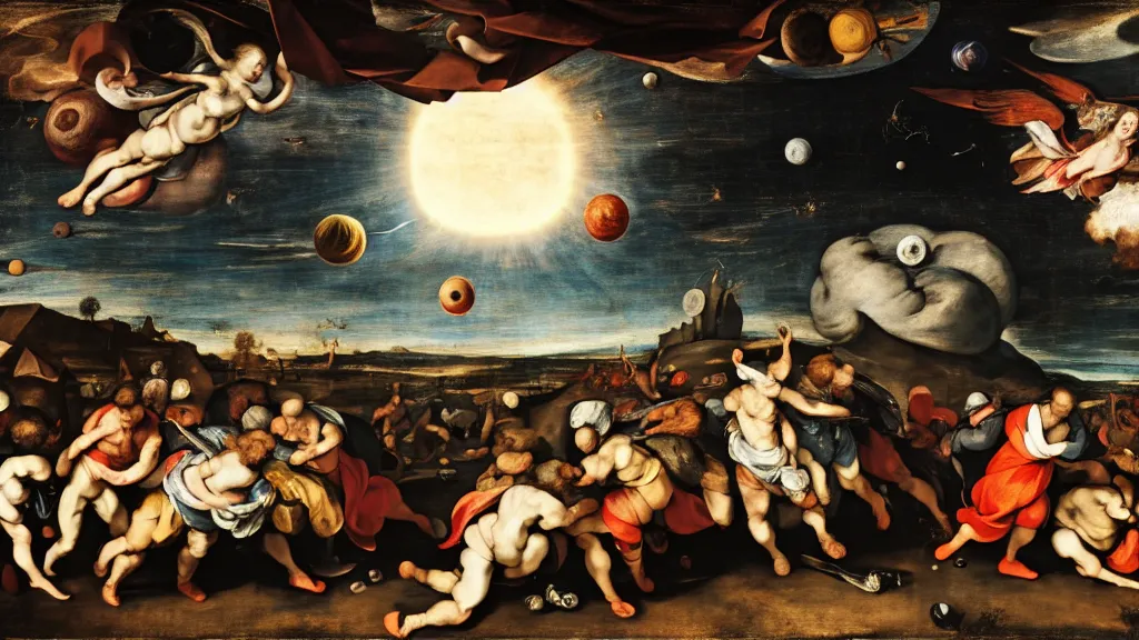 Image similar to planet, by annibale carracci, by anthony van dyck, by pieter bruegel the elder, light painting, ultra - wide angle, technicolor, ray tracing global illumination, destruction, black hole