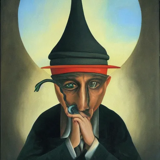 Image similar to a surreal painting of a man with a chimney on his head