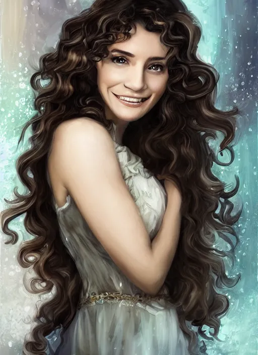 Prompt: beautiful angel woman, brunette smiling , curly hairstyle, looks like Ebru Şahin, Reyyan, looks like Fabiula Nascimento, looks like Laura Barriales, looks like Julia Roberts, D&D, fantasy, intricate, elegant, highly detailed, digital painting, artstation, concept art, character design, smooth, sharp focus, illustration, art by artgerm and greg rutkowski and alphonse mucha