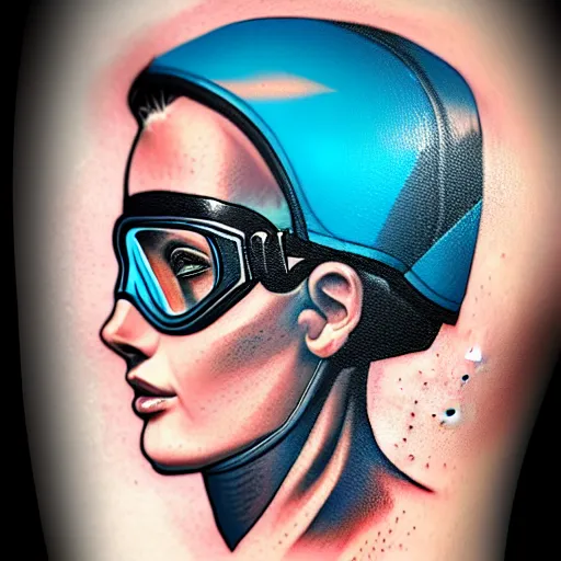 Image similar to a profile photo of a diver with diving helmet with tattoos on arm and neck, side profile in underwater, highly detailed, digital painting, artstation, sharp focus, illustration by Sandra Chevrier