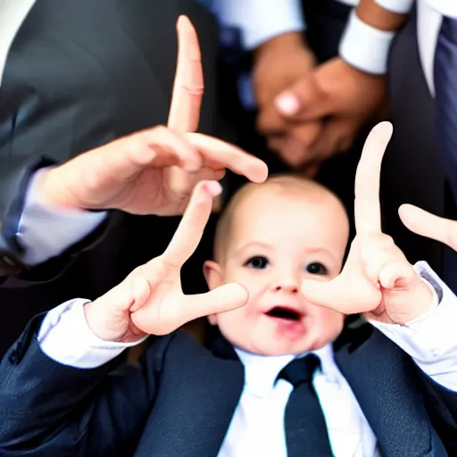 Image similar to businessmen in suits throwing up gang signs at a baby dinosaur