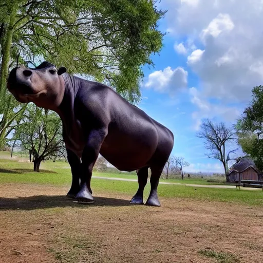 Image similar to selfie stick photo of a cow and it's hippopotamus best friend