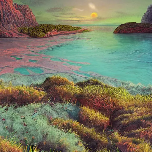 Image similar to artistic digital artwork of a lush natural scene on an alien planet. beautiful landscape by lurid ( 2 0 2 2 ). weird vegetation. cliffs and water. grainy and rough. interesting pastel colour palette. beautiful light. oil and water colour based on high quality render.