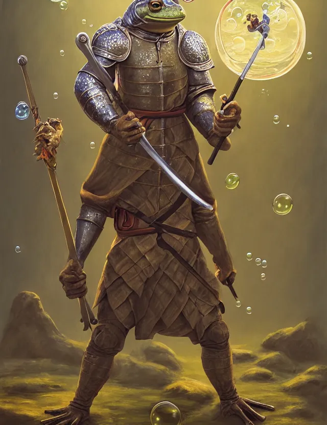 Prompt: anthropomorphic bipedal frog that is dressed as a medieval fighter, and wielding a club weapon, as a matte oil painting and d & d character art, by alex grey, standing, fullbody, floating bubbles, fog, mystic, concept art, award - winning, extremely detailed, sharp focus