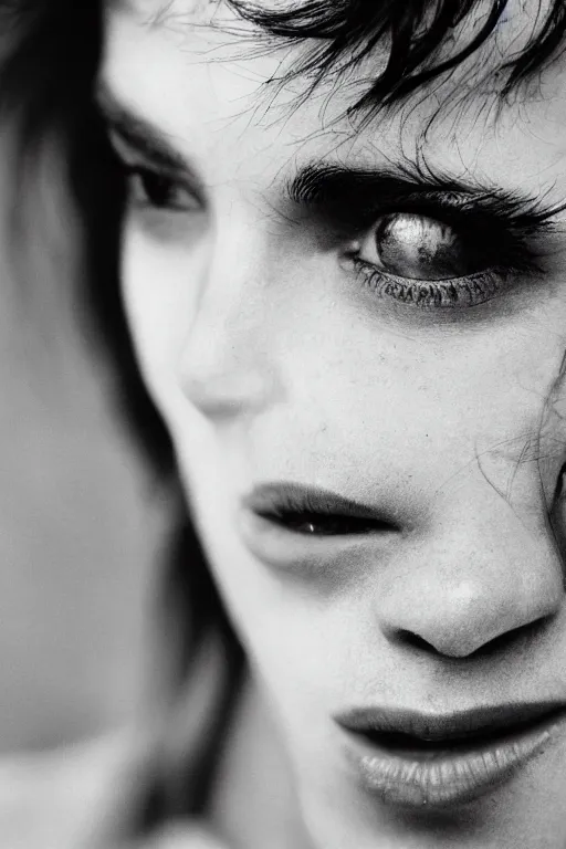 Image similar to extreme close-up black and white portrait, fashion model face, Peter Lindbergh, 35mm, film photo, small aperture