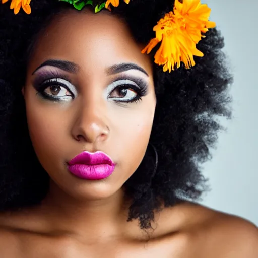Prompt: Photo of a black woman, pretty make-up, flower crown, bold, self-confidence, cinematic focus