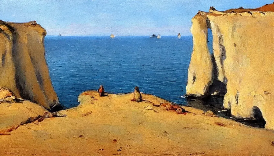 Image similar to painting by borremans, etretat rocks on autumn, detailed, stunning