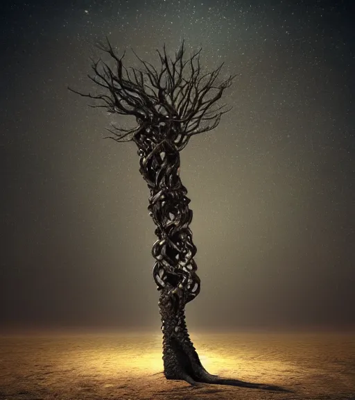 Image similar to surreal theory of a tree made of snakes, futuristic ancient tree in the desert, foggy sky, dark night, octane render, unreal engine, pale colors, high detail, 8 k, wide angle, trending on artstation, behance