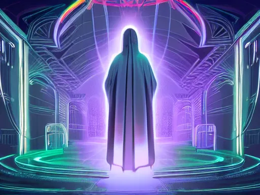 Prompt: a gray faceless figure, ascended, robot wizard, NPC with a saint's halo, saintly halo behind their head made of neon filigree, consulting the cyber oracle of all knowledge, at the end of time, in an esoteric ritual exchange of physical code, muted neon mists obscure the towering arcological ruins of future cities, 8k, 4k, trending on artstation, octane render, abstract painting, bright blue future, in the style of Wayne Barlowe, abstract painting oil on canvas, surreal, cyberpunk, ruins of a vaporwave aesthetic city