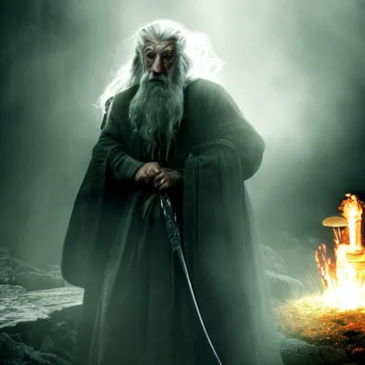 Image similar to messi as gandalf in a deleted scene from the lord of the rings fighting the balrog in the bridge, beautiful dynamic dramatic dark moody lighting, stunning shadows, octane render, foggy atmosphere, horror atmosphere,