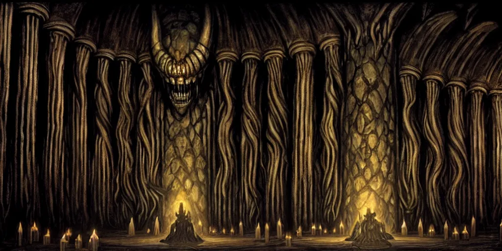 Image similar to balrog in the great hall of moria, columns along both sides of the great hall, style of h. r. giger, dark, cinematic