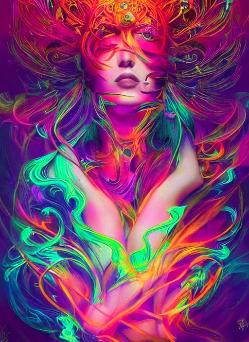 Image similar to psychedelic [ [ [ chemiluminescence ] ] ] elegant woman chakra spirit with smoke and fluid dynamics, colorful, psychedelic, ornate, intricate, digital painting, concept art, smooth, sharp focus, illustration, blacklight reacting, art by artgerm and greg rutkowski