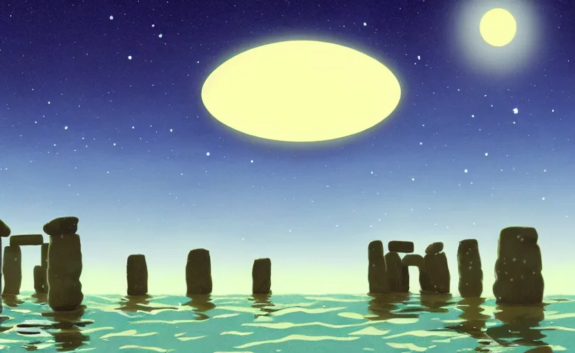 Prompt: a cell - shaded studio ghibli concept art of a hovering ufo shining a spotlight on a camel caravan in a flooded stonehenge desert on a misty starry night. very dull colors, hd, 4 k, hq