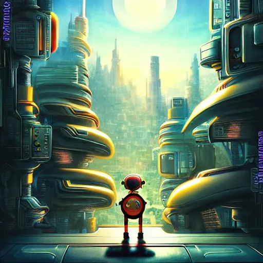 Image similar to film poster, novel cover art for a book, an adventurous boy and his small robot friend, futuristic city backgrond, eleborate composition with foreground and background, depth of field, fantasy illustration by kyoto studio, don bluth!!!, square enix, cinematic lighting