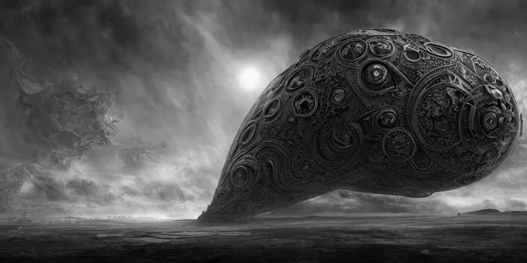 Image similar to a large ominous and geometric very ornate and detailed spaceship, lots of shapes intertwined very large and long floating over a barren dry land with an epic cloud formation on the background by HR GIger, Dariusz Zawadzki, Zdzisław Beksiński, gustave doré, zhuoxin ye, very detailed, octane render, 8k, scary and brooding, scary and dark, canon 24mm lens