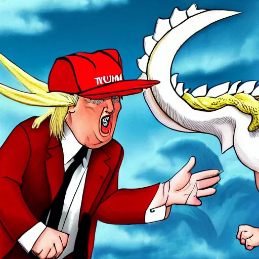 Prompt: Donald Trump Summons the Blue Eyes White Dragon in attack move
