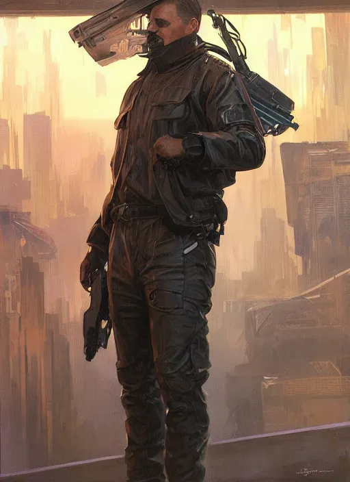 Prompt: Modern Teddy Roosevelt. Cyberpunk assassin in tactical gear. plastic raincoat. blade runner 2049 concept painting. Epic painting by James Gurney, Azamat Khairov, and Alphonso Mucha. ArtstationHQ. painting with Vivid color. (Hl2, apex legends, fortnite, rb6s, Cyberpunk 2077)